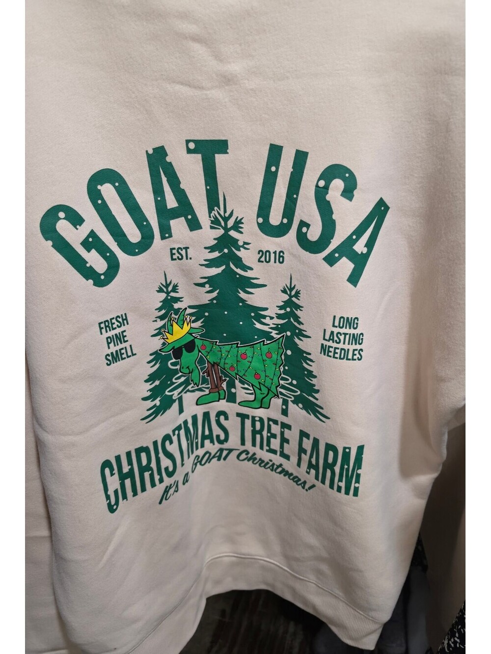 Goat USA Christmas Tree Farm Hoodie Sweatshirt Beige Green Graphic